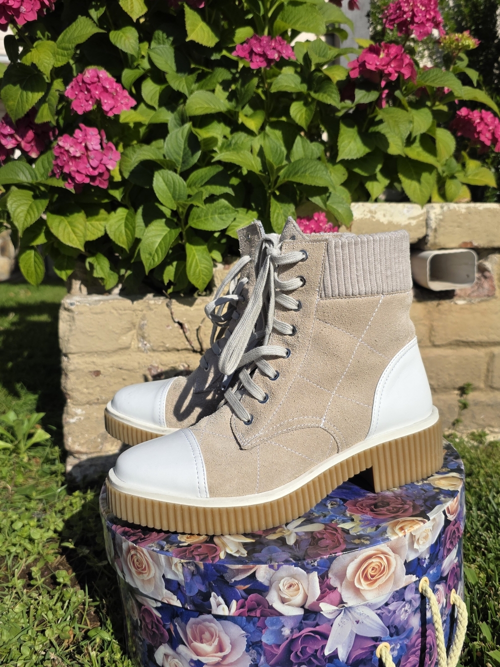 Vaneli Beige Suede Lace-Up Platform Ankle Boots with White Cap Toe